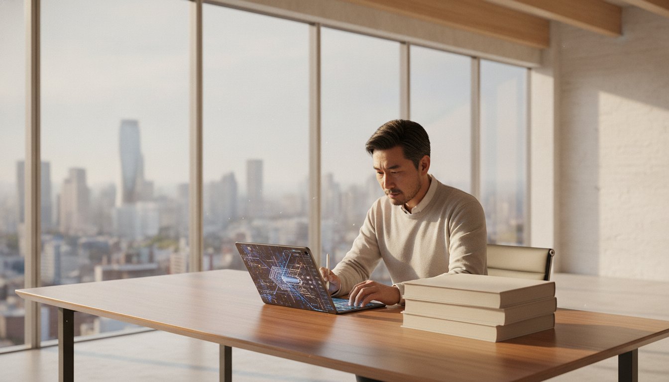 A person sitting at a desk looking at their computer