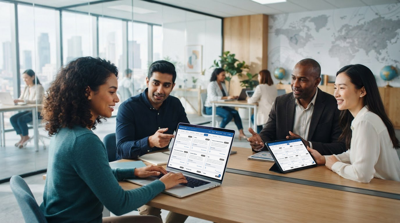 business people looking at the grammar index on a desktop and tablet