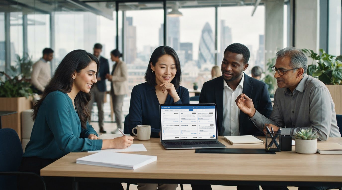 Business people around a desk sharing a laptop showing The Grammar Index