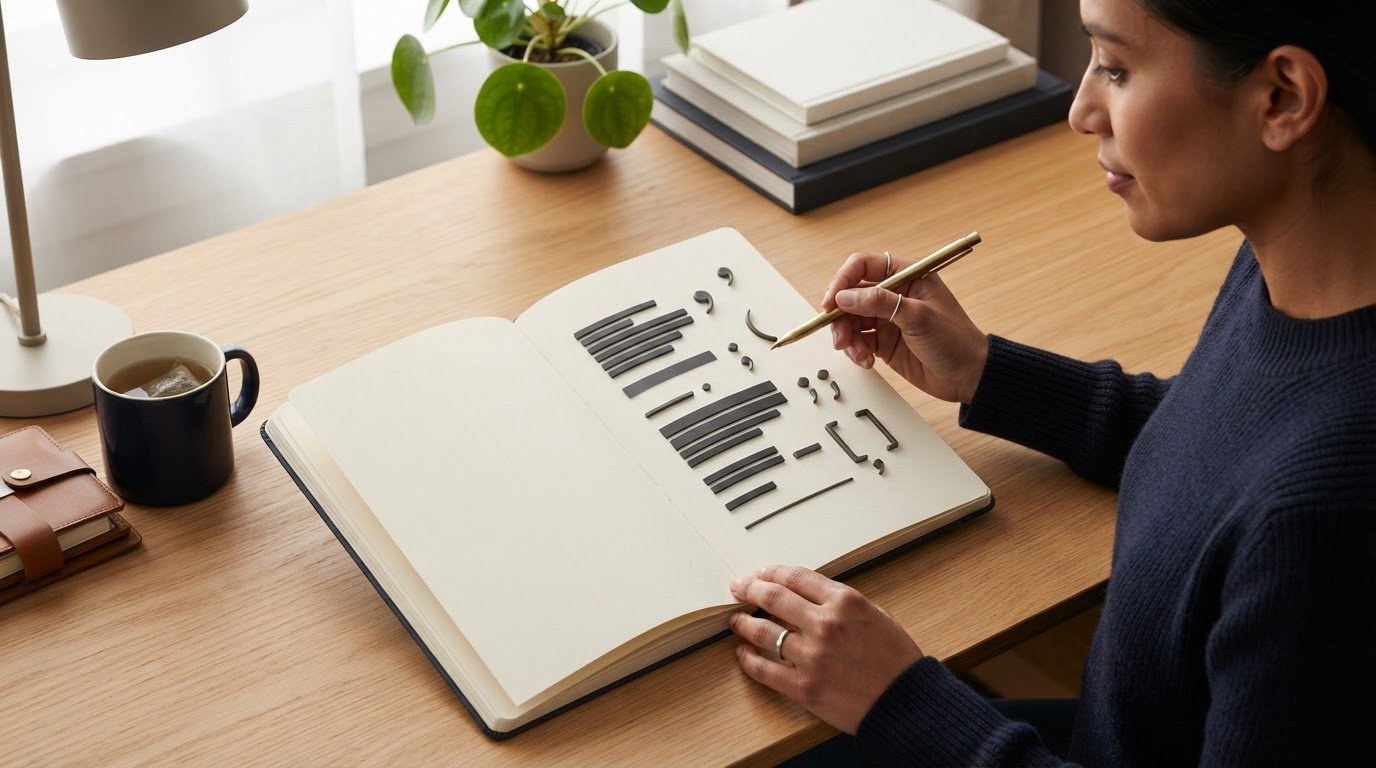 Open book with commas, square brackets, semicolon