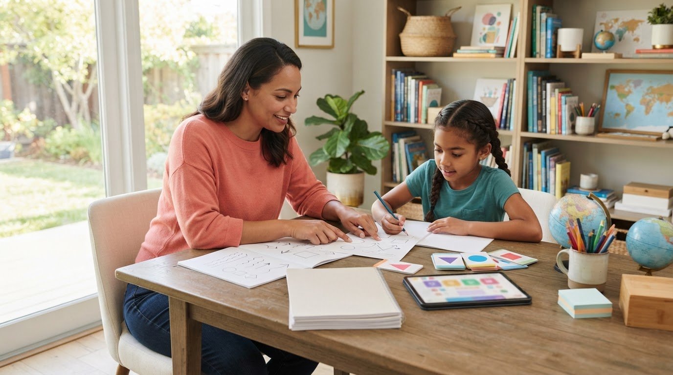 A pupil with their parent learning at a desk