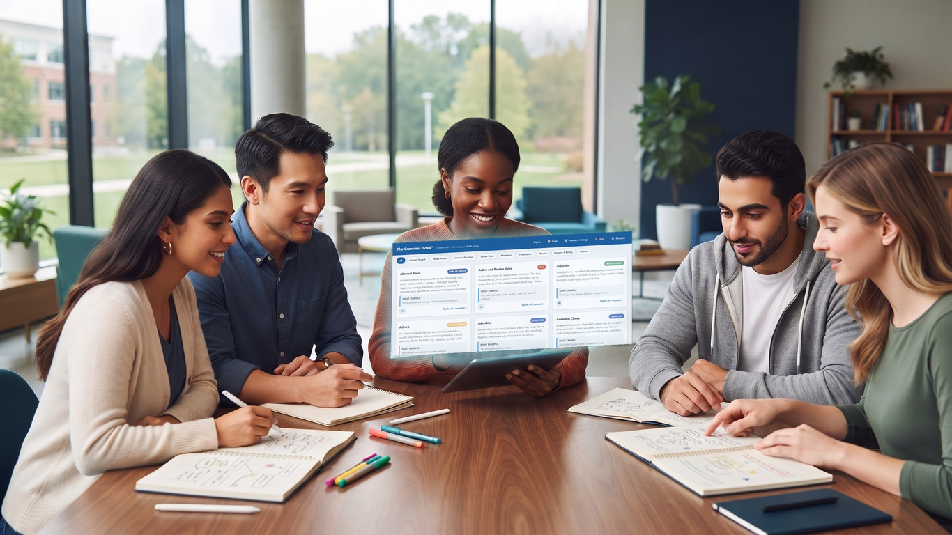 5 students at a table sharing on a laptop grammar index